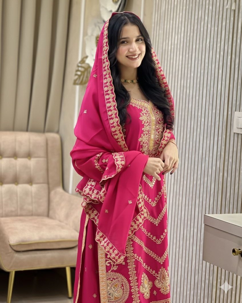 Exclusive Hot Pink Soft Chinon Silk Palazo Kurti With Dupatta