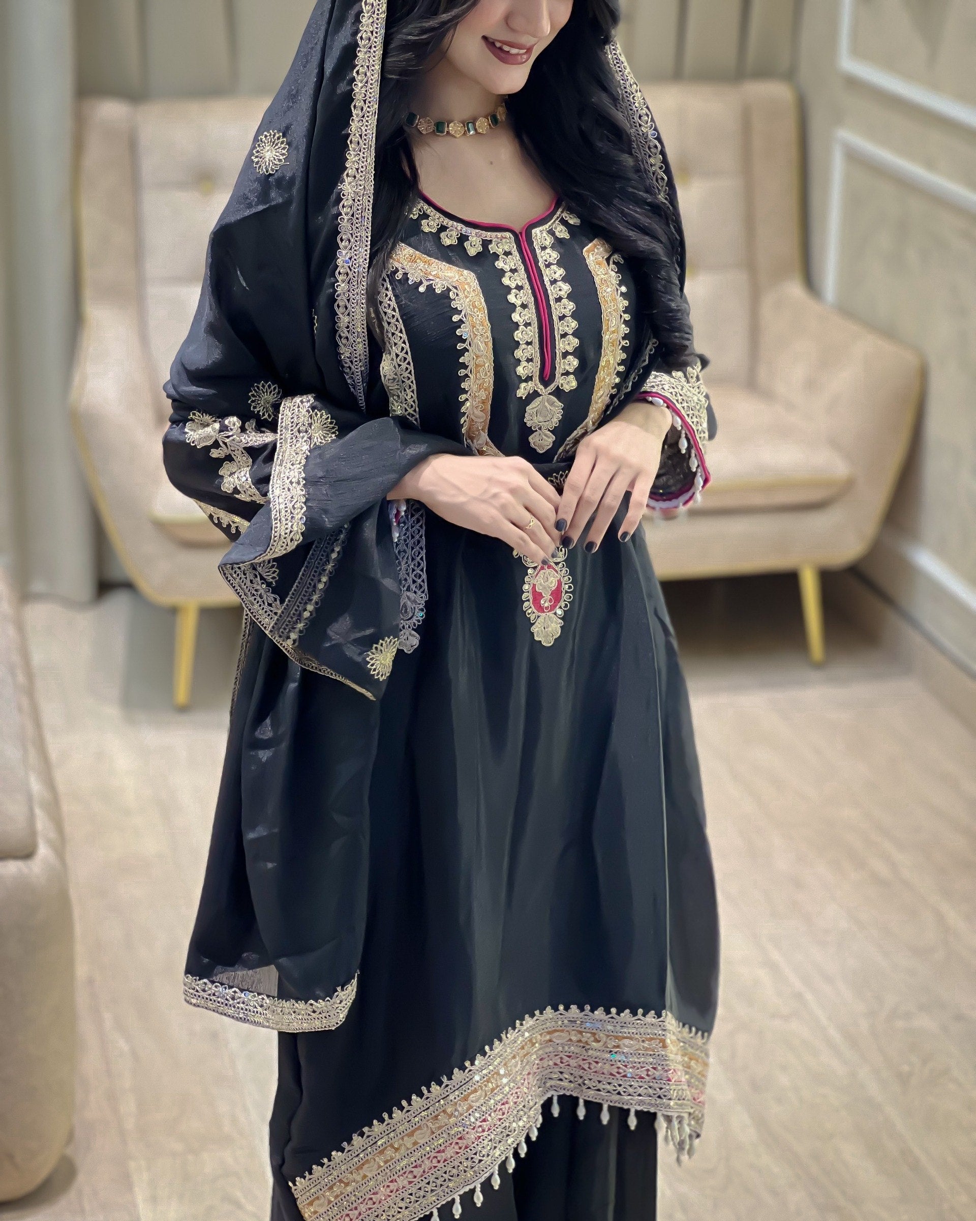 Exclusive Black Soft Chinon Silk Palazo Frock With Dupatta