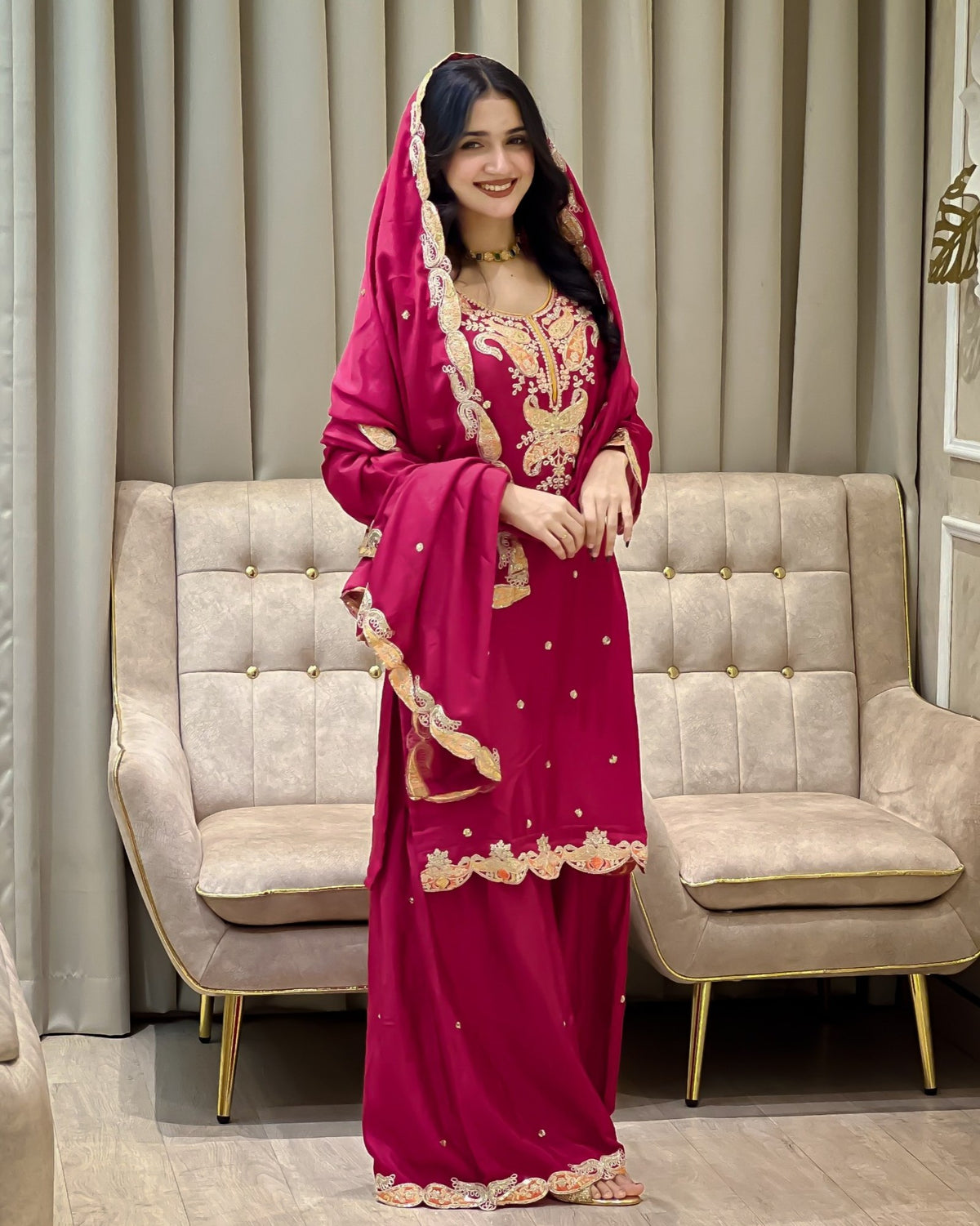 Exclusive Hot Pink Chinon Silk Palazo Kurti With Dupatta