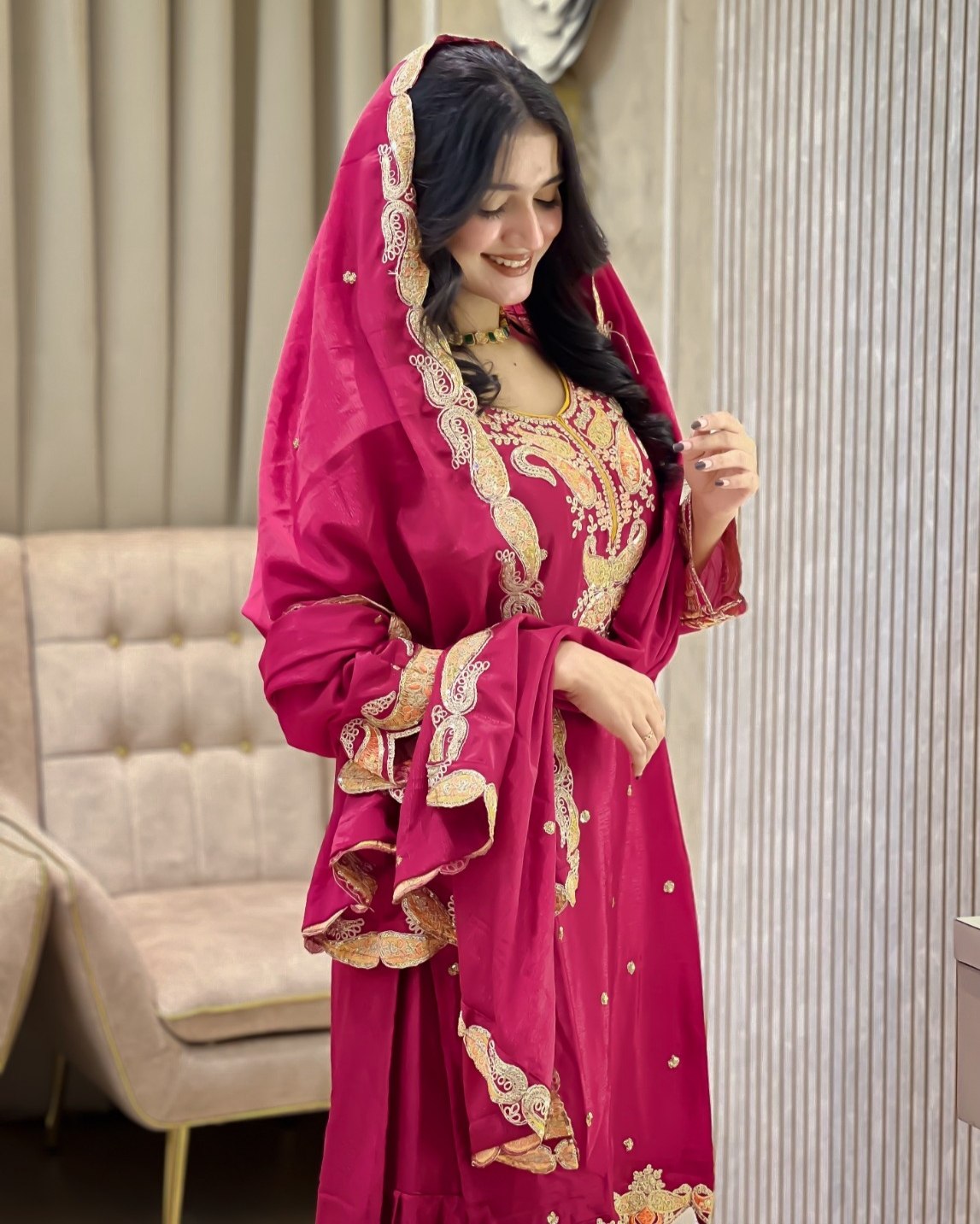 Exclusive Hot Pink Chinon Silk Palazo Kurti With Dupatta