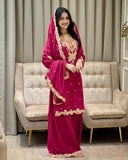 Exclusive Hot Pink Chinon Silk Palazo Kurti With Dupatta