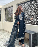 Exclusive Neavy Blue Natural Crepe Silk Pakistani Pant Kurti With Dupatta