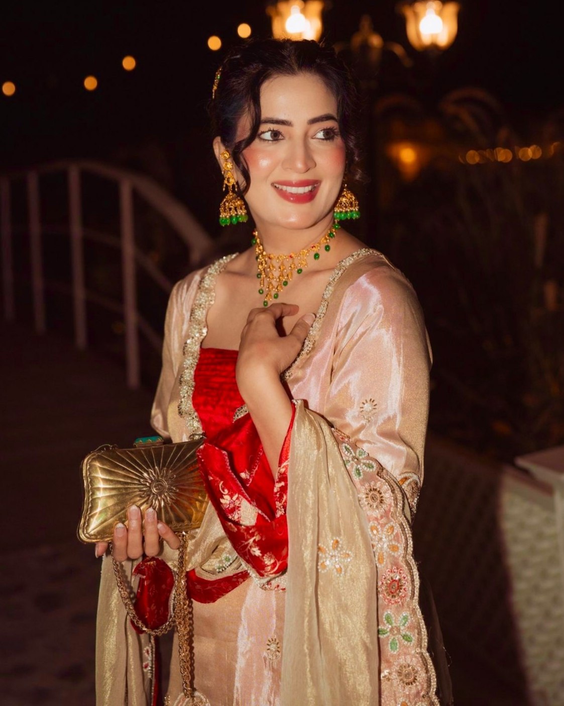 Exclusive Red Beige Tissue Silk Farshi Salwar Kurti With Dupatta