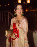 Exclusive Red Beige Tissue Silk Farshi Salwar Kurti With Dupatta