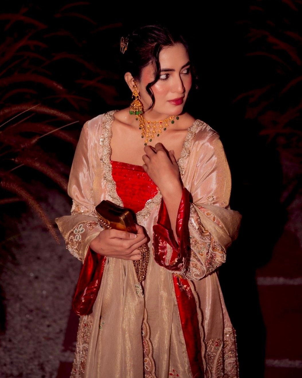 Exclusive Red Beige Tissue Silk Farshi Salwar Kurti With Dupatta