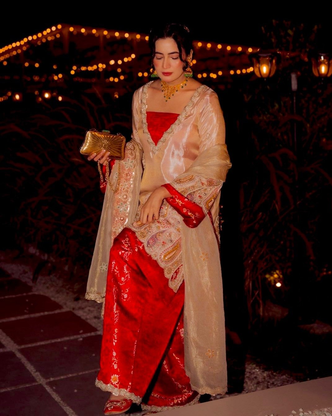 Exclusive Red Beige Tissue Silk Farshi Salwar Kurti With Dupatta