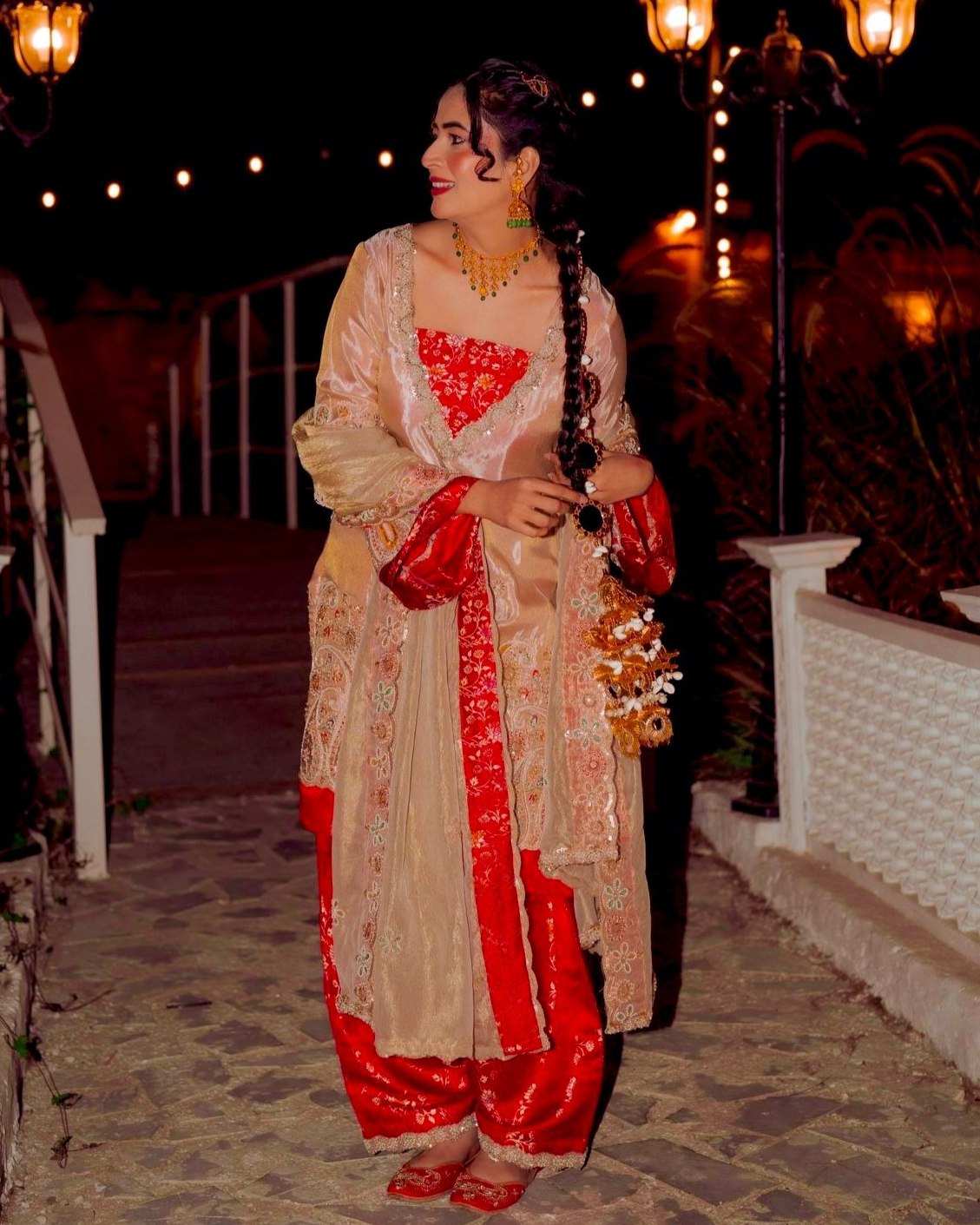 Exclusive Red Beige Tissue Silk Farshi Salwar Kurti With Dupatta