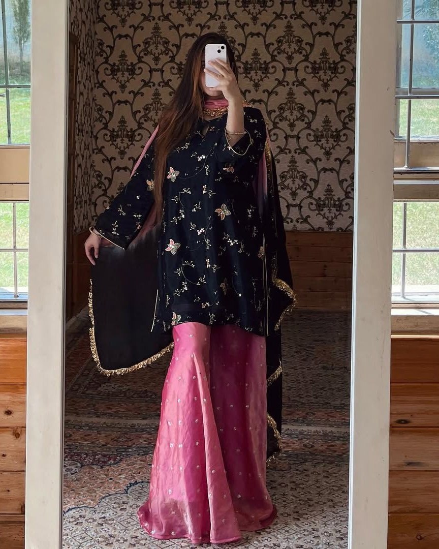 Exclusive Black Pink Crush Silk Gharara Suit With Dupatta