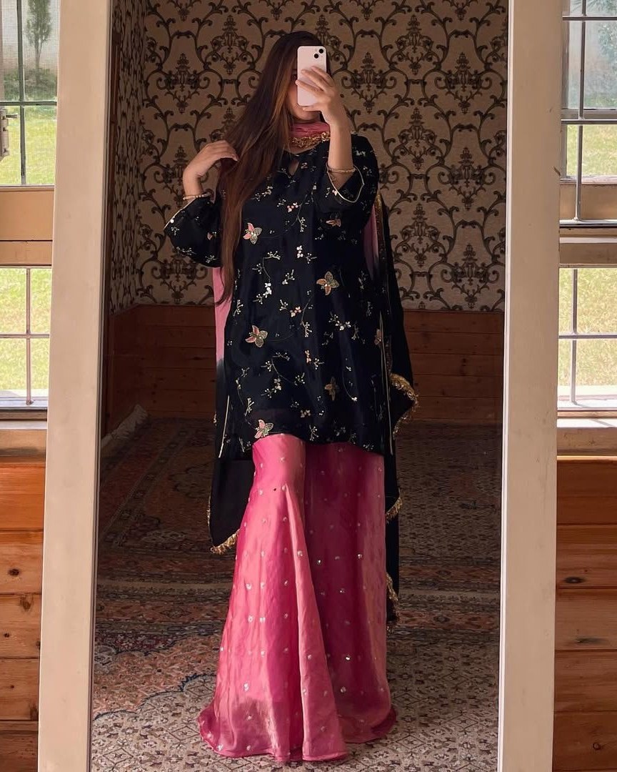 Exclusive Black Pink Crush Silk Gharara Suit With Dupatta