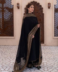 Exclusive Black Roman Silk Palazo Kurti With Dupatta