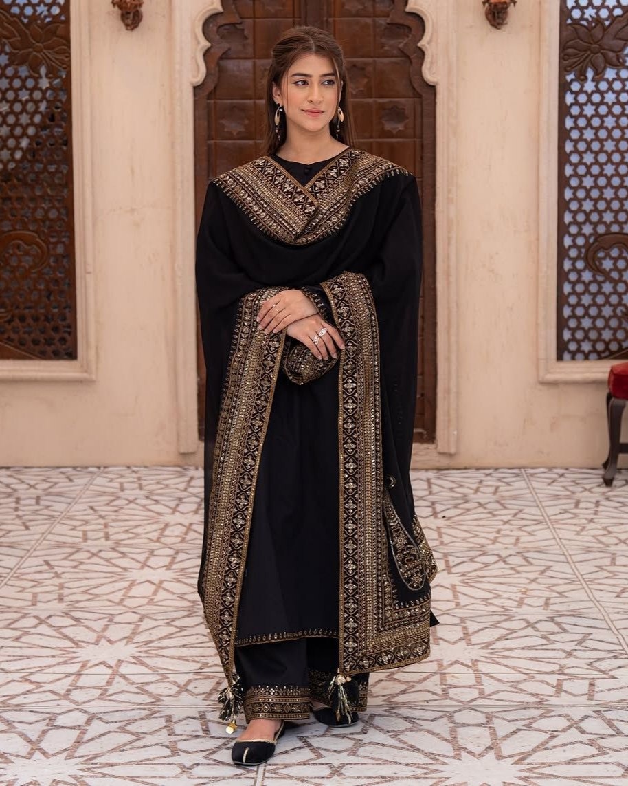 Exclusive Black Roman Silk Palazo Kurti With Dupatta