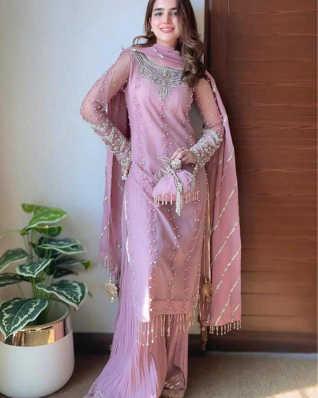 Exclusive Dusty Pink Soft Georgette Palazo Kurti With Dupatta