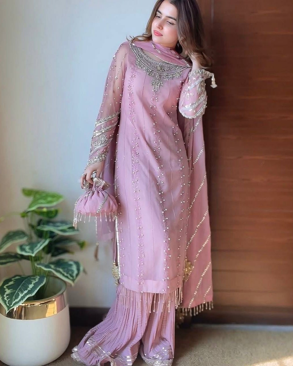 Exclusive Dusty Pink Soft Georgette Palazo Kurti With Dupatta