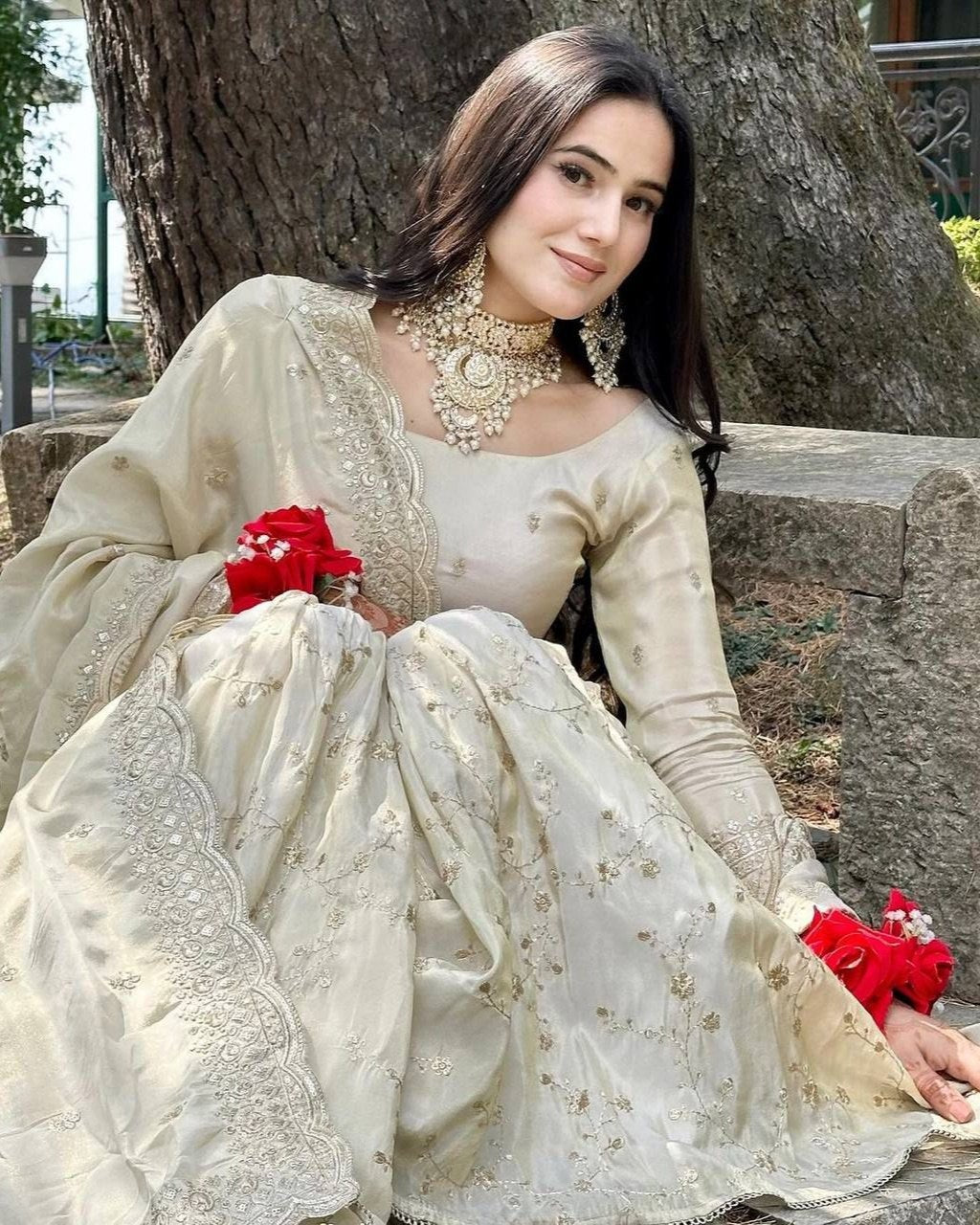 Exclusive Ivory Cream Chinon Silk Gharara Suit With Dupatta