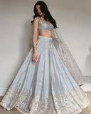 Exclusive Silver-Blue Japan Satin Silk Embroidery Lehenga Choli With Dupatta