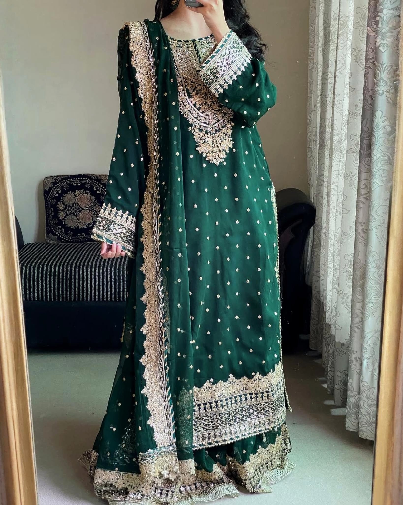 Exclusive Dark Green Georgette Embroidery Palazo Kurti With Dupatta