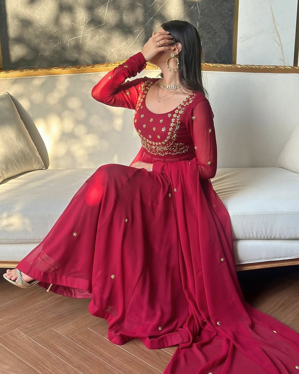 Exclusive Hot Red Soft Georgette Embroidery Palazo Frock With Dupatta