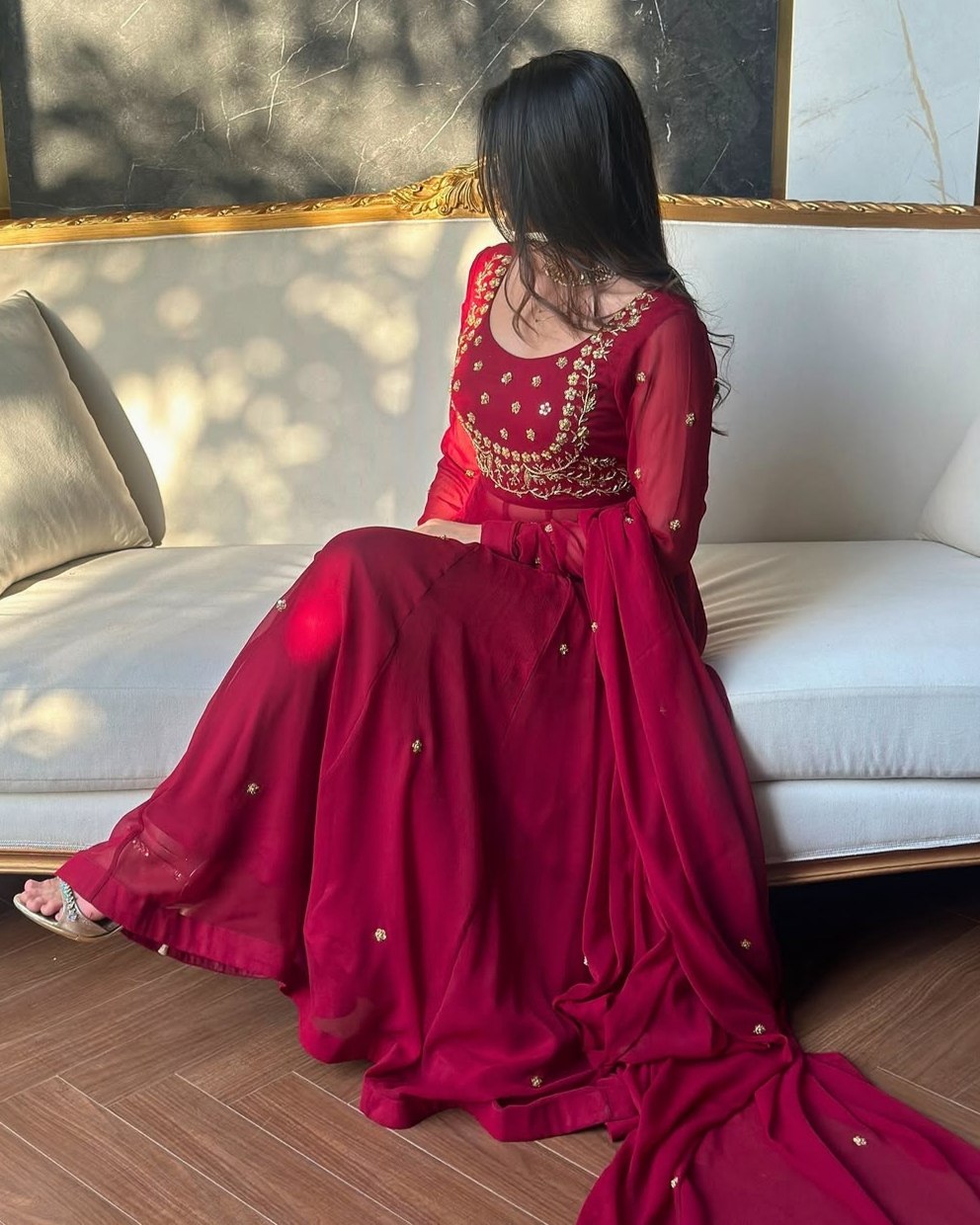 Exclusive Hot Red Soft Georgette Embroidery Palazo Frock With Dupatta