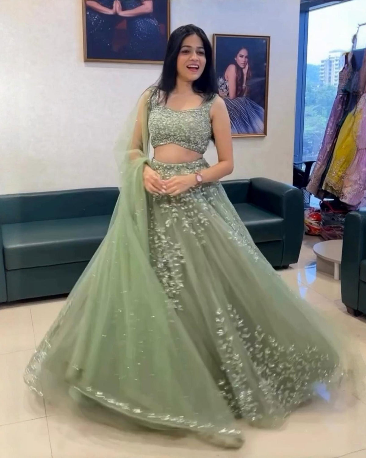 Exclusive Light Green Butterfly Net Embroidery Lehenga Choli With Dupatta