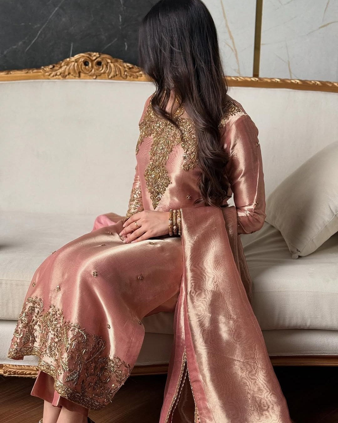 Exclusive Peach ZimmySilk Embroidery Pant Kurti With Dupatta