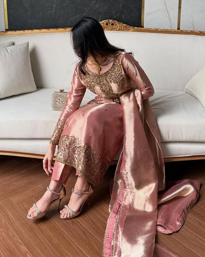Exclusive Peach ZimmySilk Embroidery Pant Kurti With Dupatta