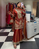 Elegant Copper Cosmos Silk Embroidery Gharara Suit With Dupatta