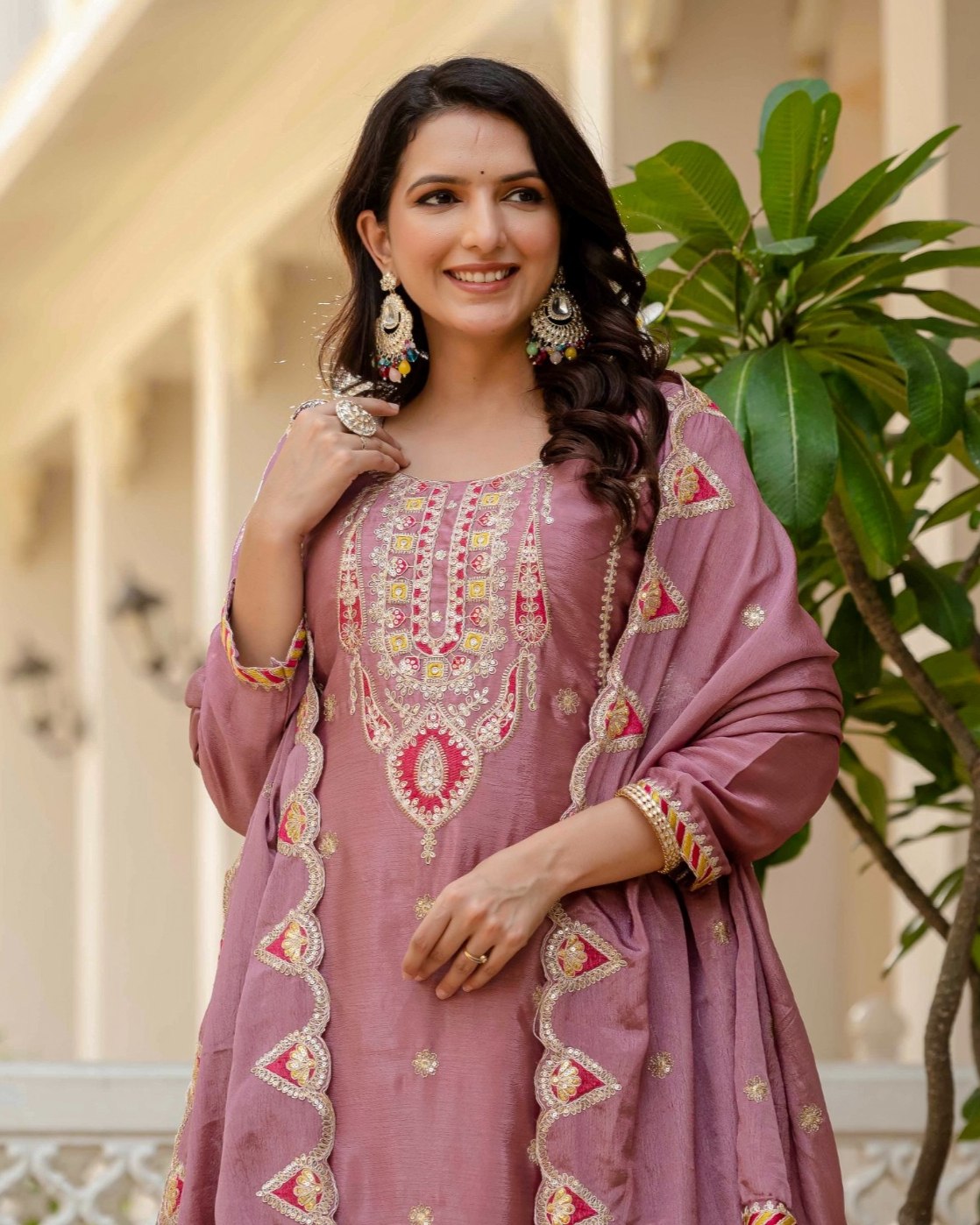 Exclusive Pink Chinon Silk Embroidery Palazo Kurti With Dupatta