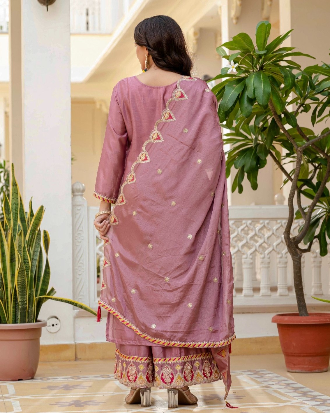 Exclusive Pink Chinon Silk Embroidery Palazo Kurti With Dupatta