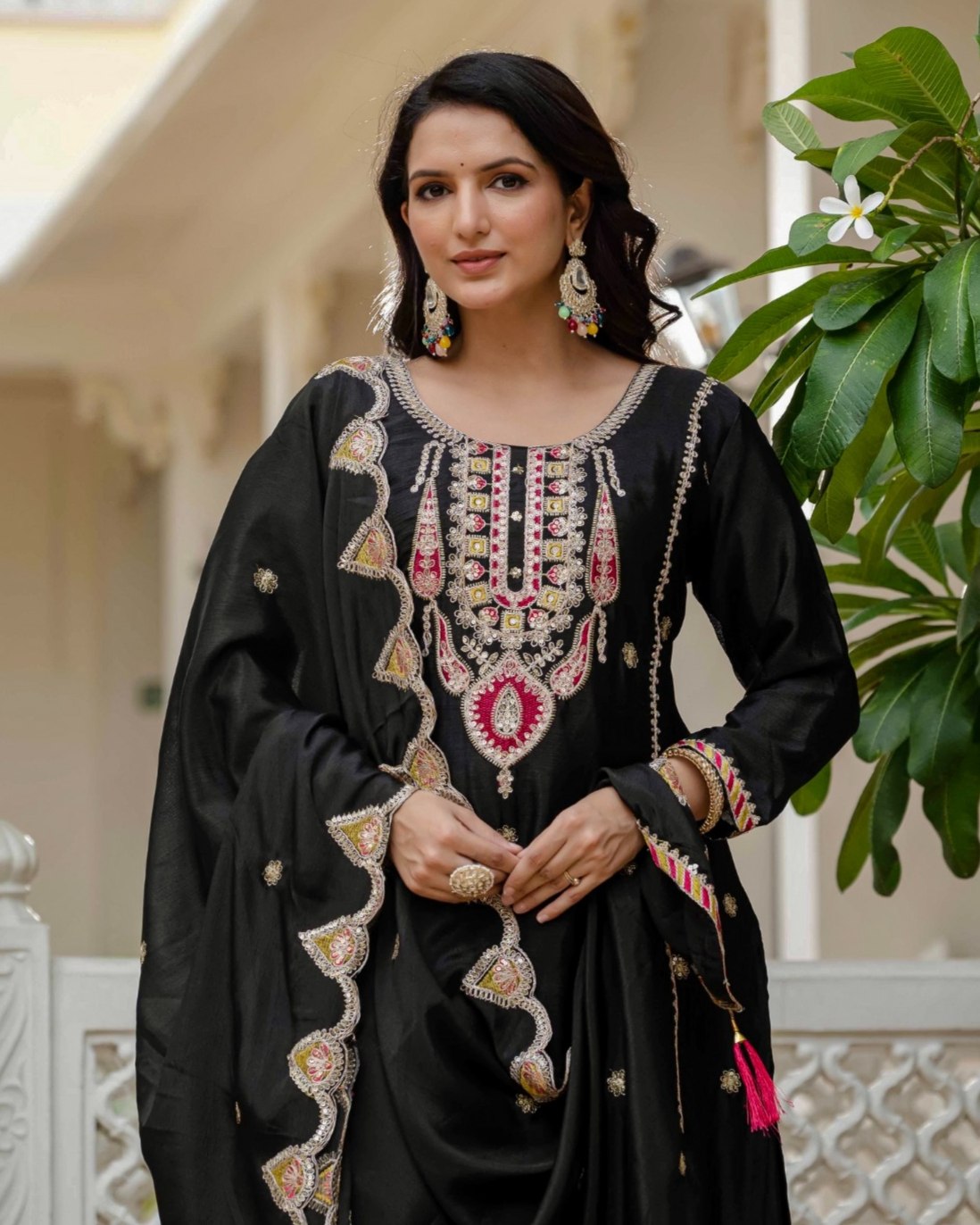 Exclusive Black Chinon Silk Embroidery Palazo Kurti With Dupatta