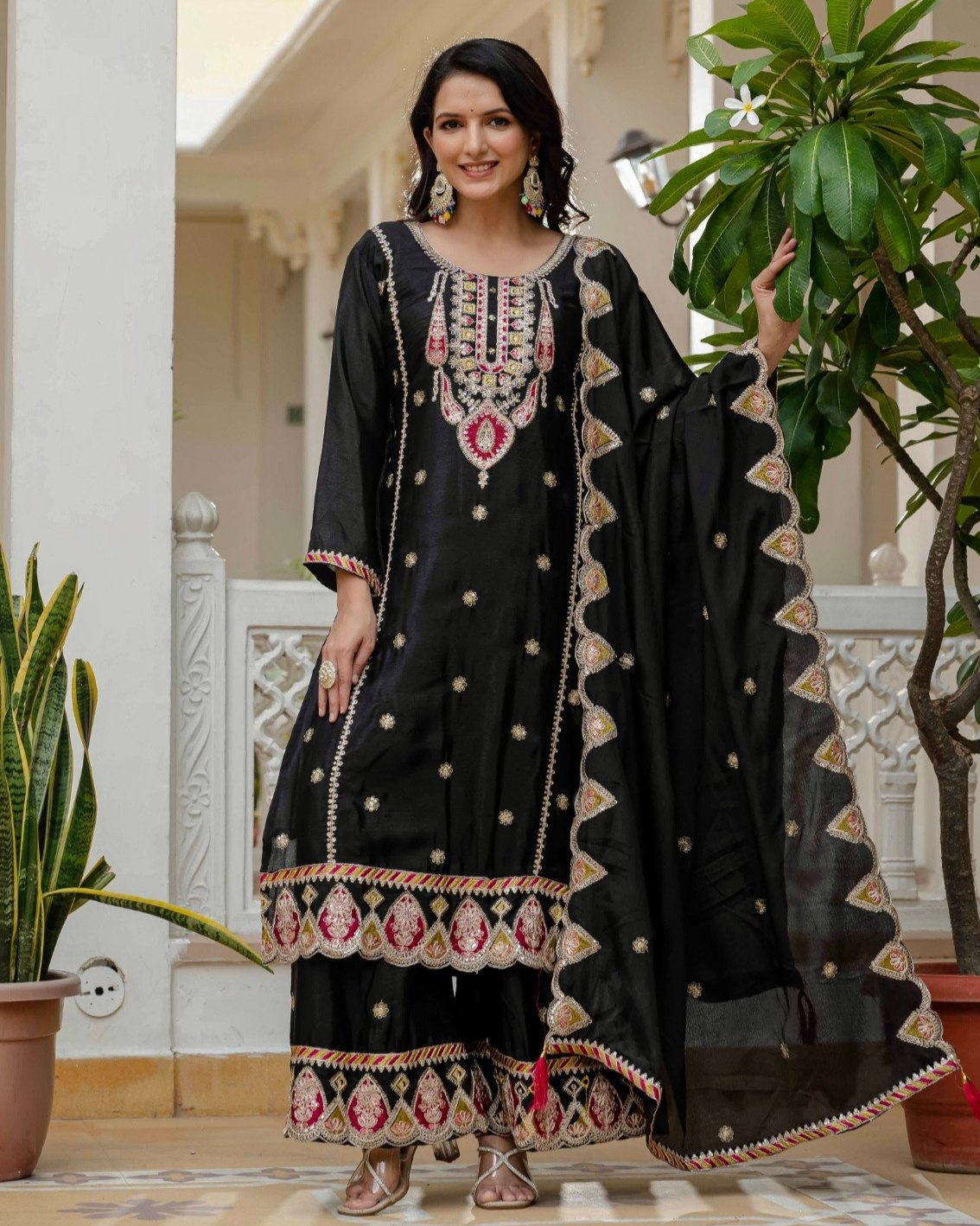 Exclusive Black Chinon Silk Embroidery Palazo Kurti With Dupatta