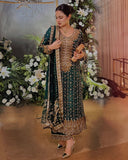 Exclusive Bottle Green Zimmy Silk Embroidery Pant Kurti Set With Dupatta