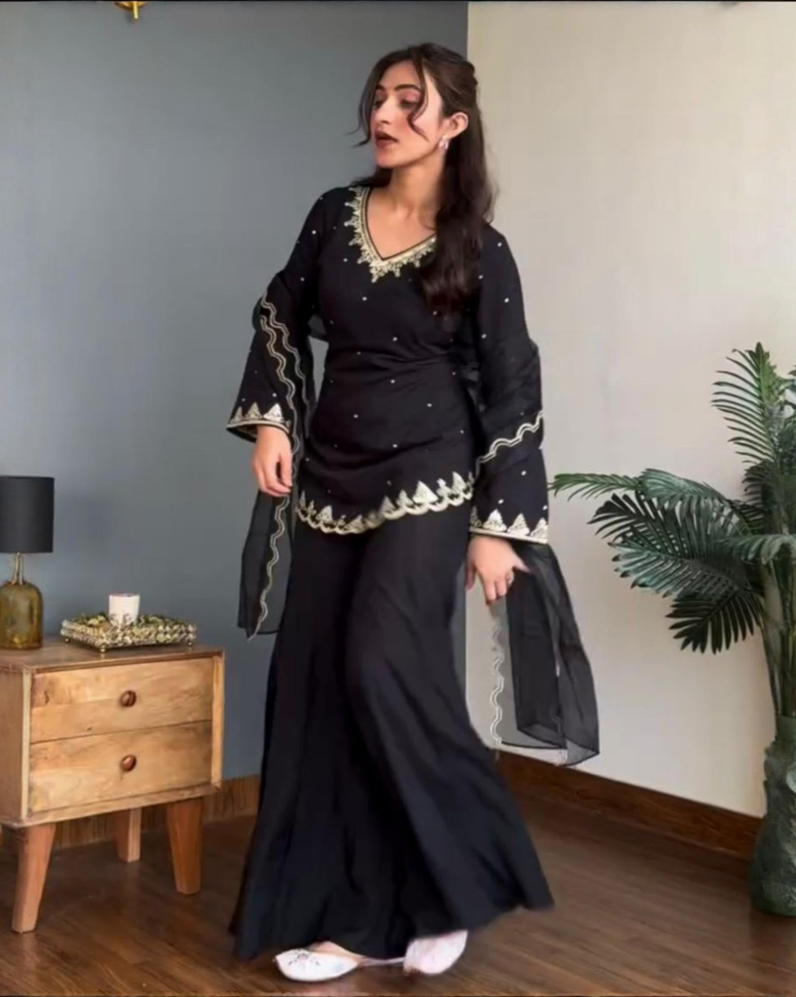 Exclusive Black Natural Crep Silk Embroidery Gharara Suit With Dupatta