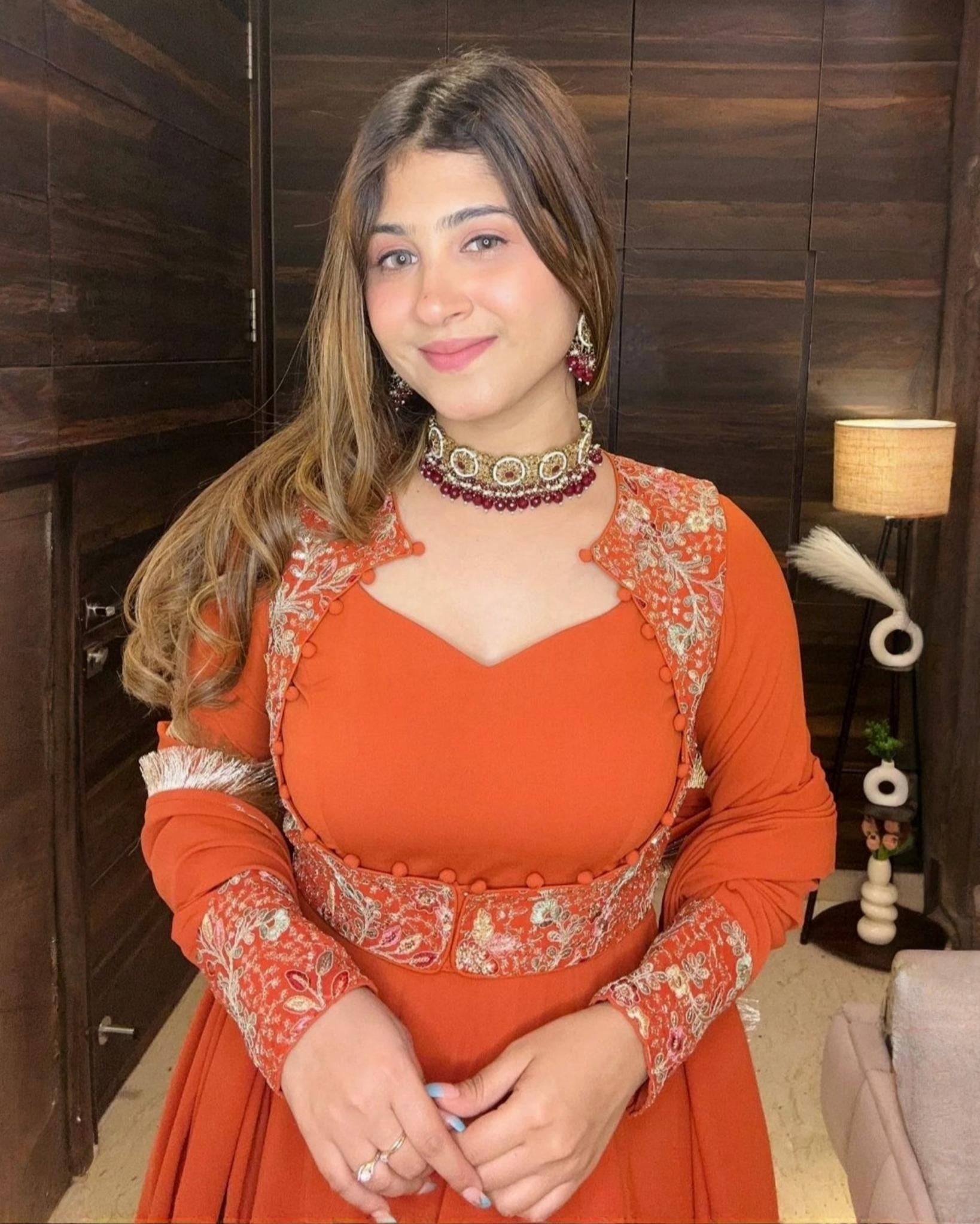 Exclusive Orange Soft Georgette Embroidery Gown Set With Dupatta