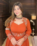 Exclusive Orange Soft Georgette Embroidery Gown Set With Dupatta