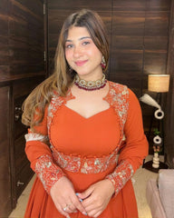Exclusive Orange Soft Georgette Embroidery Gown Set With Dupatta