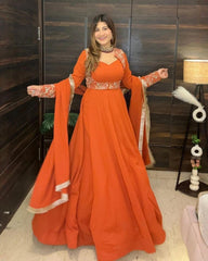 Exclusive Orange Soft Georgette Embroidery Gown Set With Dupatta