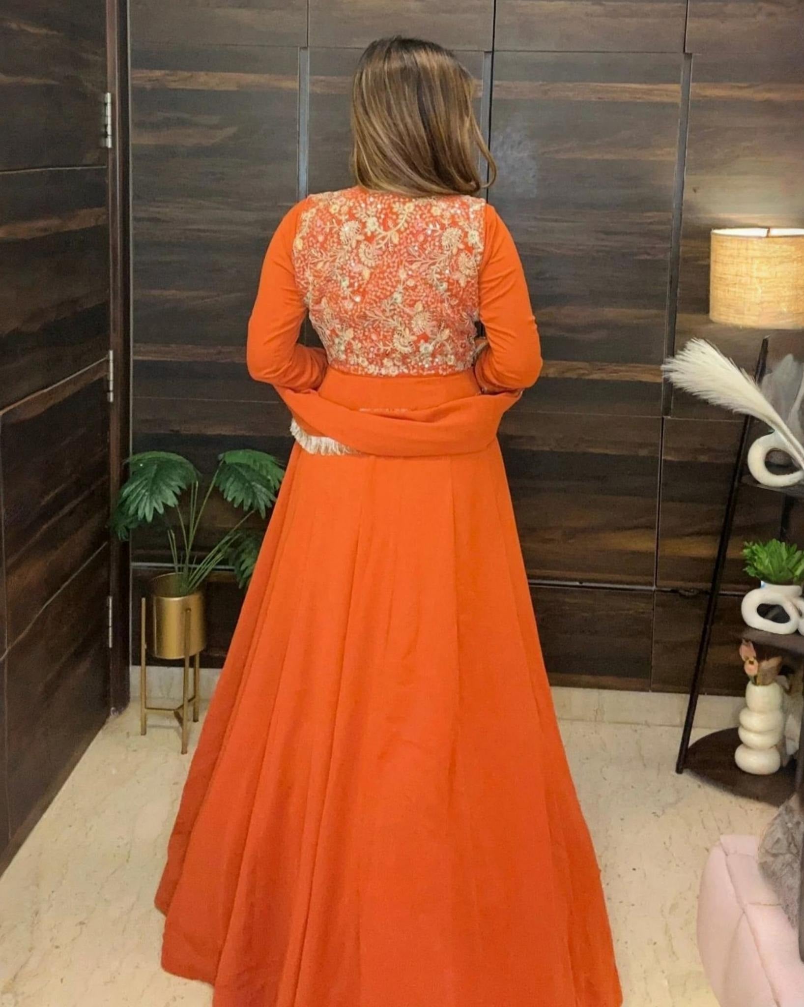 Exclusive Orange Soft Georgette Embroidery Gown Set With Dupatta