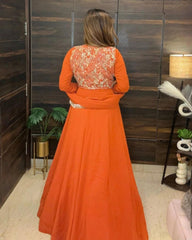 Exclusive Orange Soft Georgette Embroidery Gown Set With Dupatta