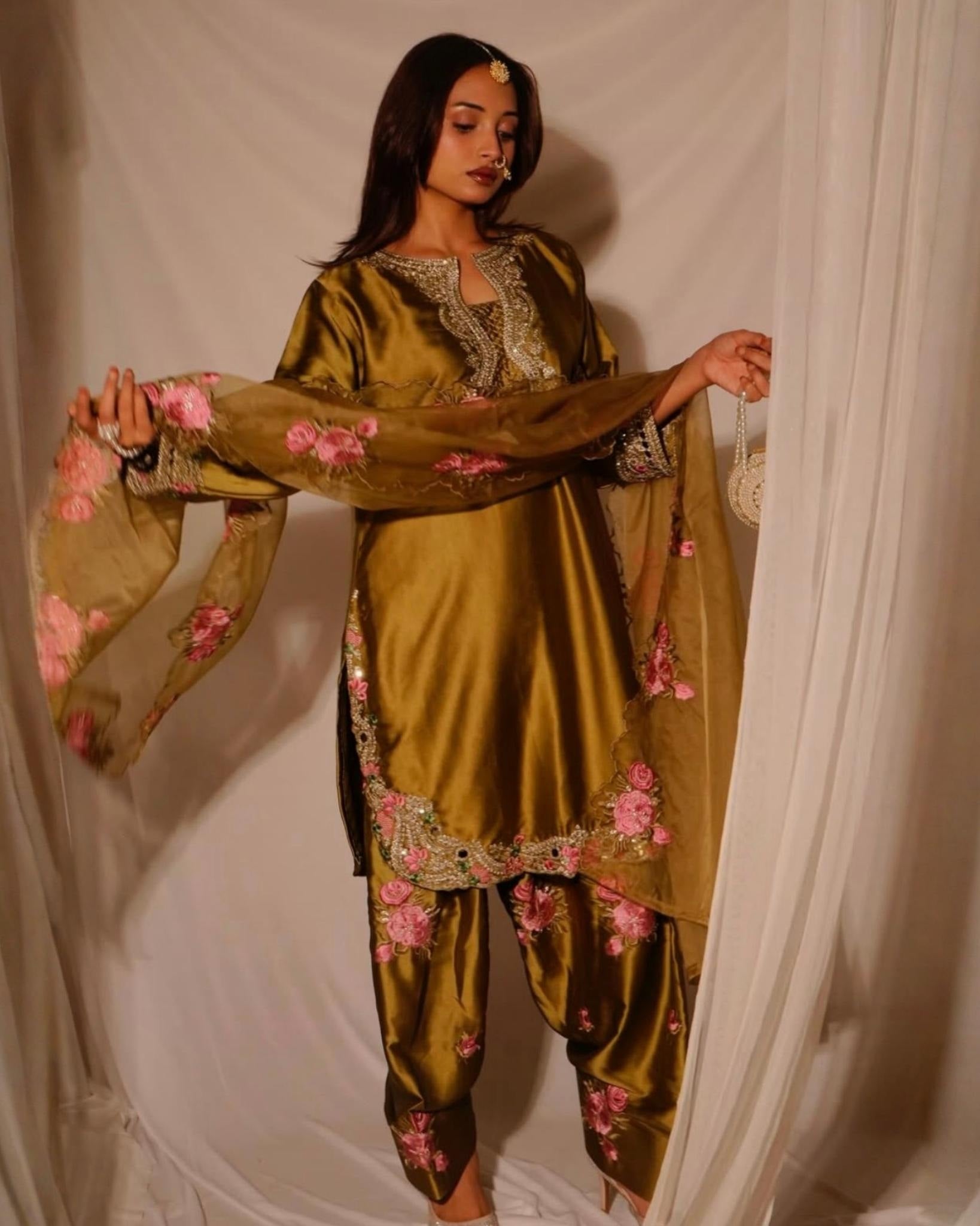 Luxury White And Mehndi Golden Farshi Salwar Suit Japan Satin Silk Floral Embroidery With Dupatta