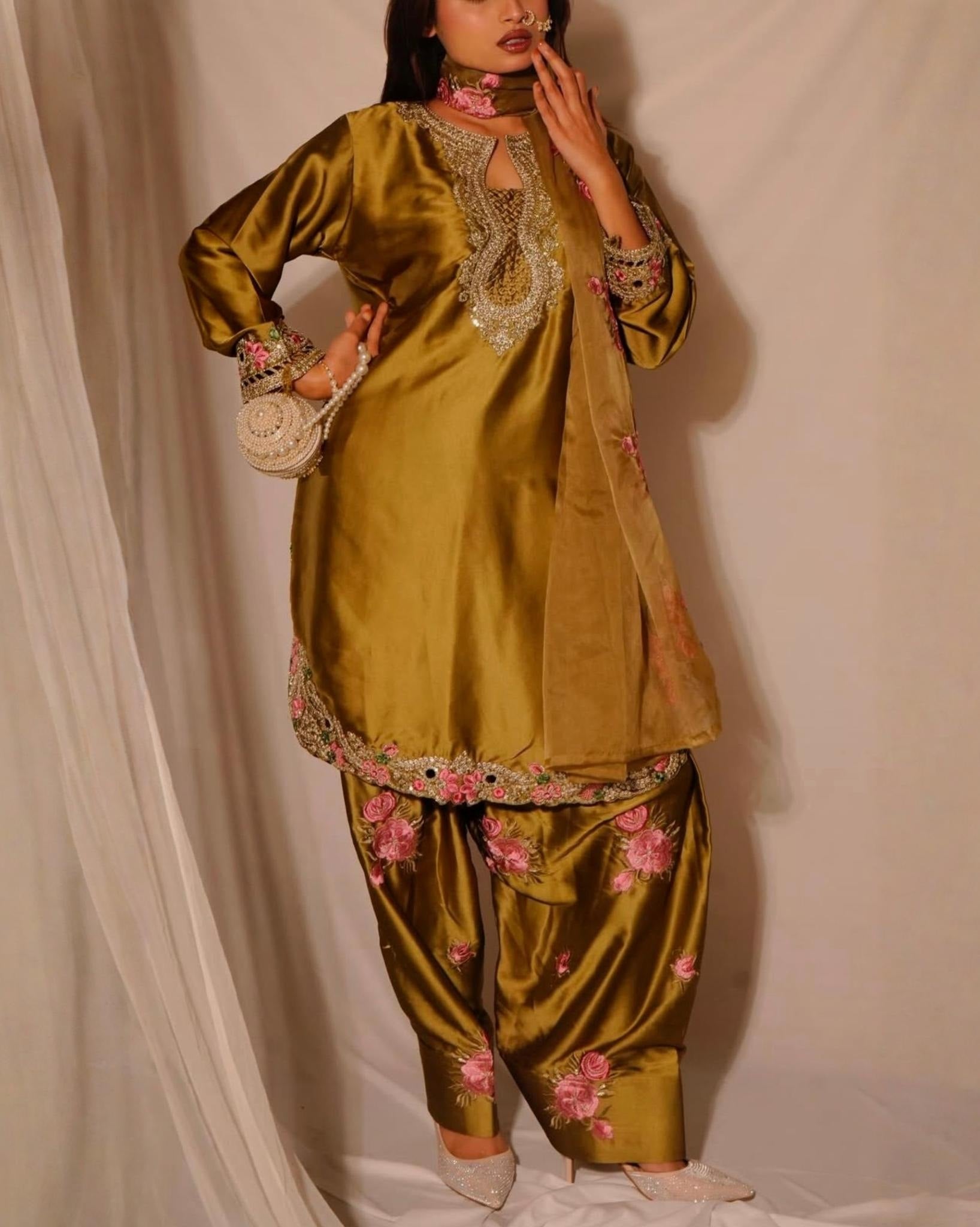 Luxury White And Mehndi Golden Farshi Salwar Suit Japan Satin Silk Floral Embroidery With Dupatta