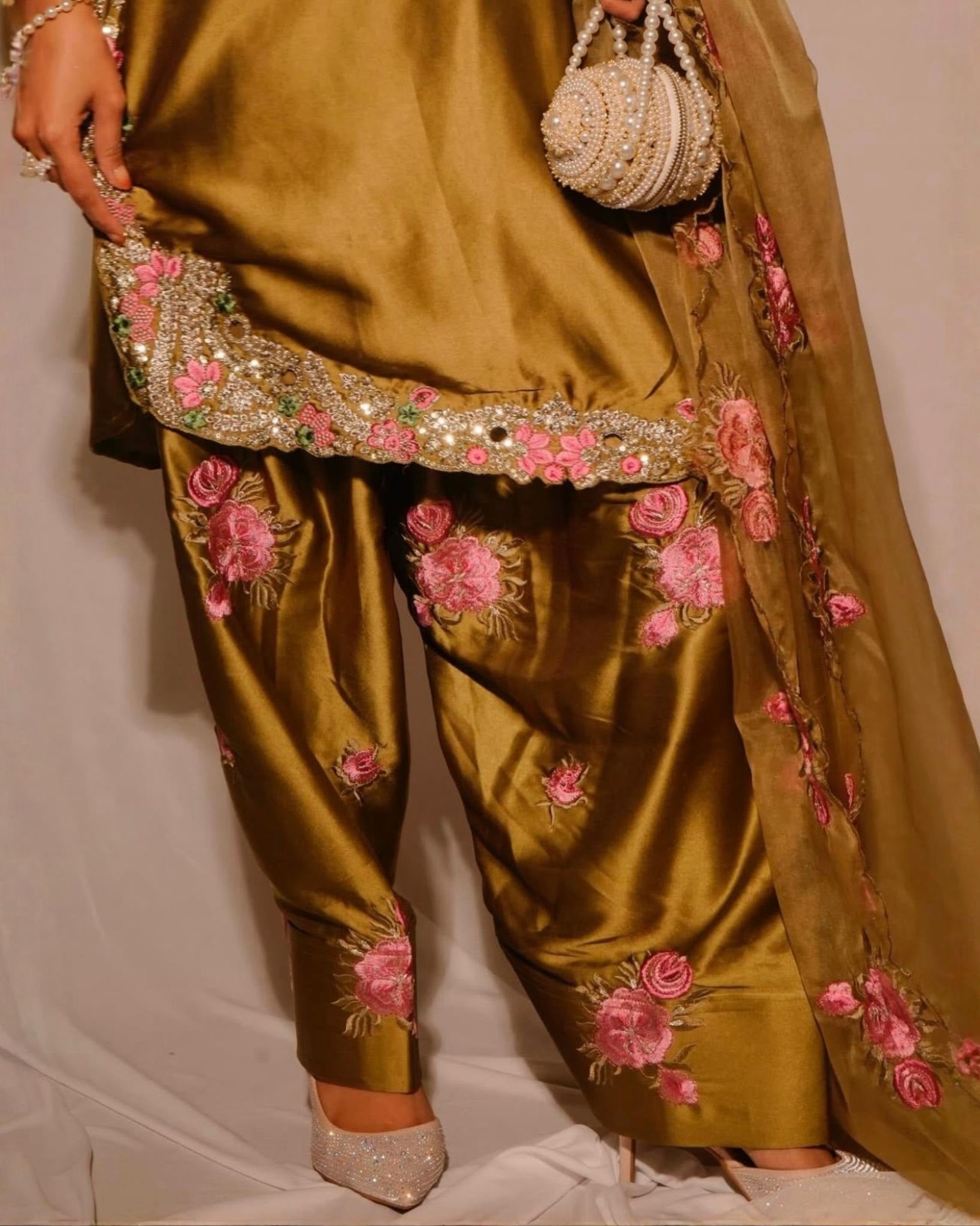 Luxury White And Mehndi Golden Farshi Salwar Suit Japan Satin Silk Floral Embroidery With Dupatta