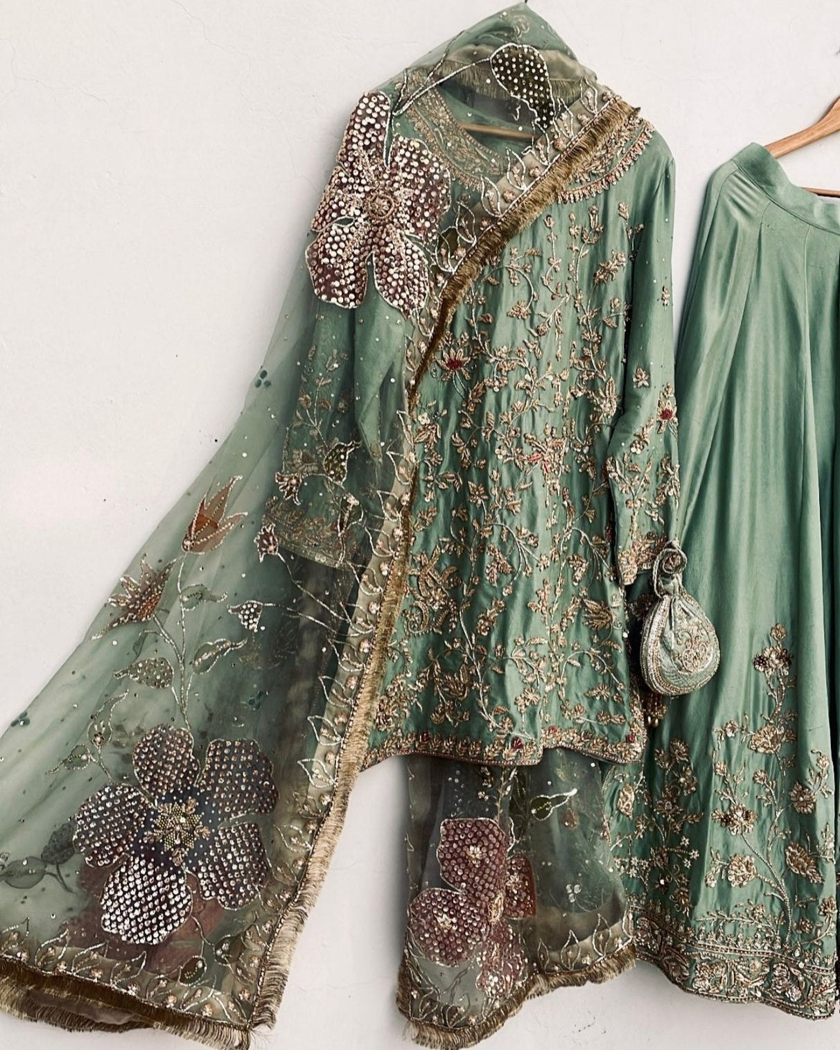 Exclusive Cream Chinon Silk Embroidery Work Sharara Suit With Dupatta