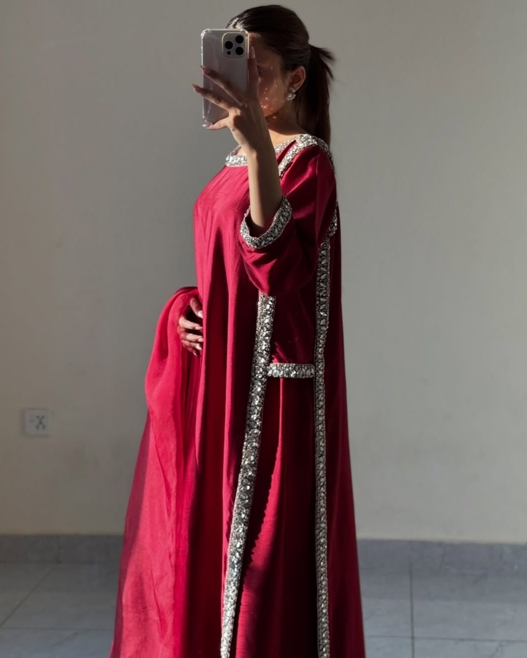Premium Custom Fit Viral Celebrity Inspired Suit With Simmer Silk Blend Complete Set With Top Bottom And Dupatta