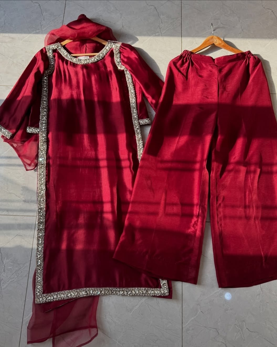 Premium Custom Fit Viral Celebrity Inspired Suit With Simmer Silk Blend Complete Set With Top Bottom And Dupatta