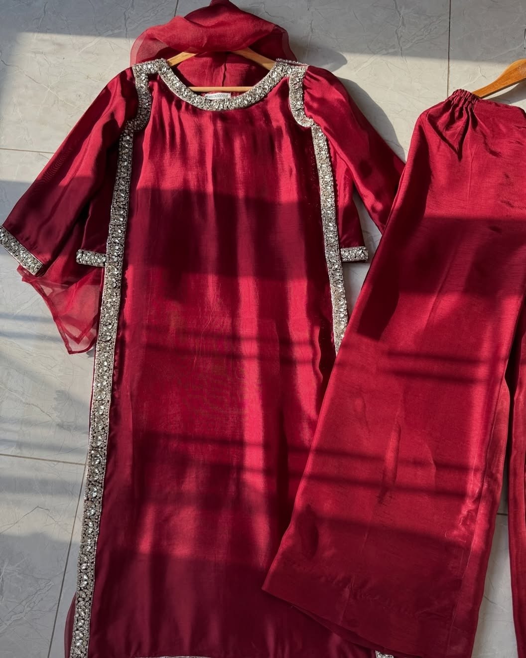 Premium Custom Fit Viral Celebrity Inspired Suit With Simmer Silk Blend Complete Set With Top Bottom And Dupatta
