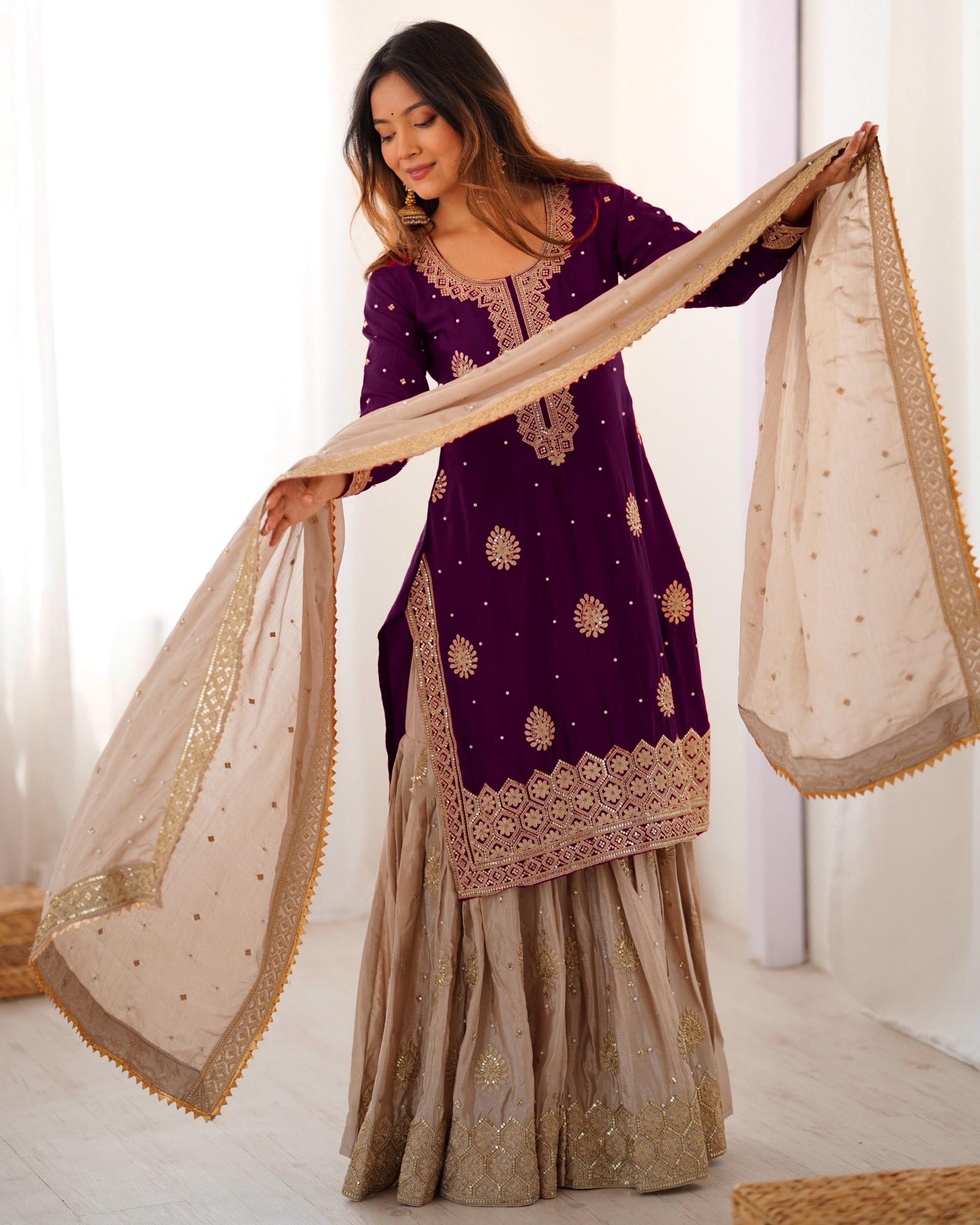 Premium Handcrafted Soft Chinon Silk Coding Embroidery Thread Sharara Suit With Dupatta