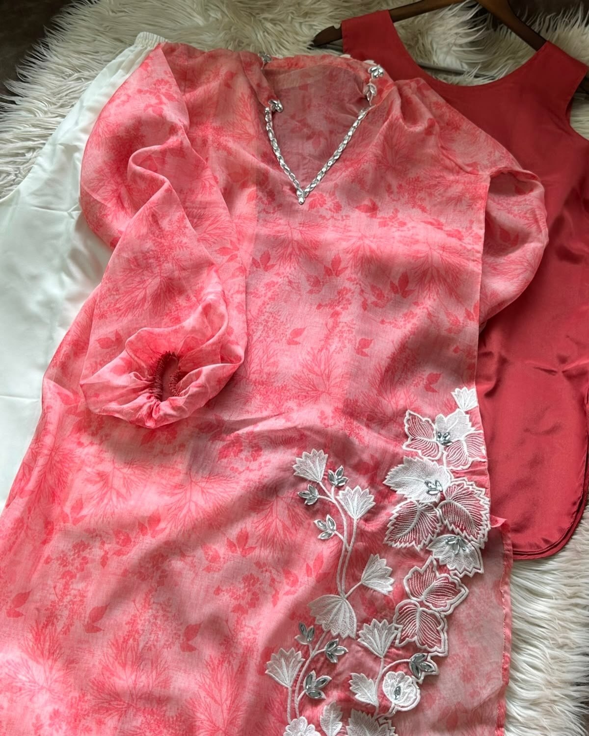 Ready To Wear Blush Pink Pakistani Suit Orgnza Silk Cut Work & Real Mirror Work