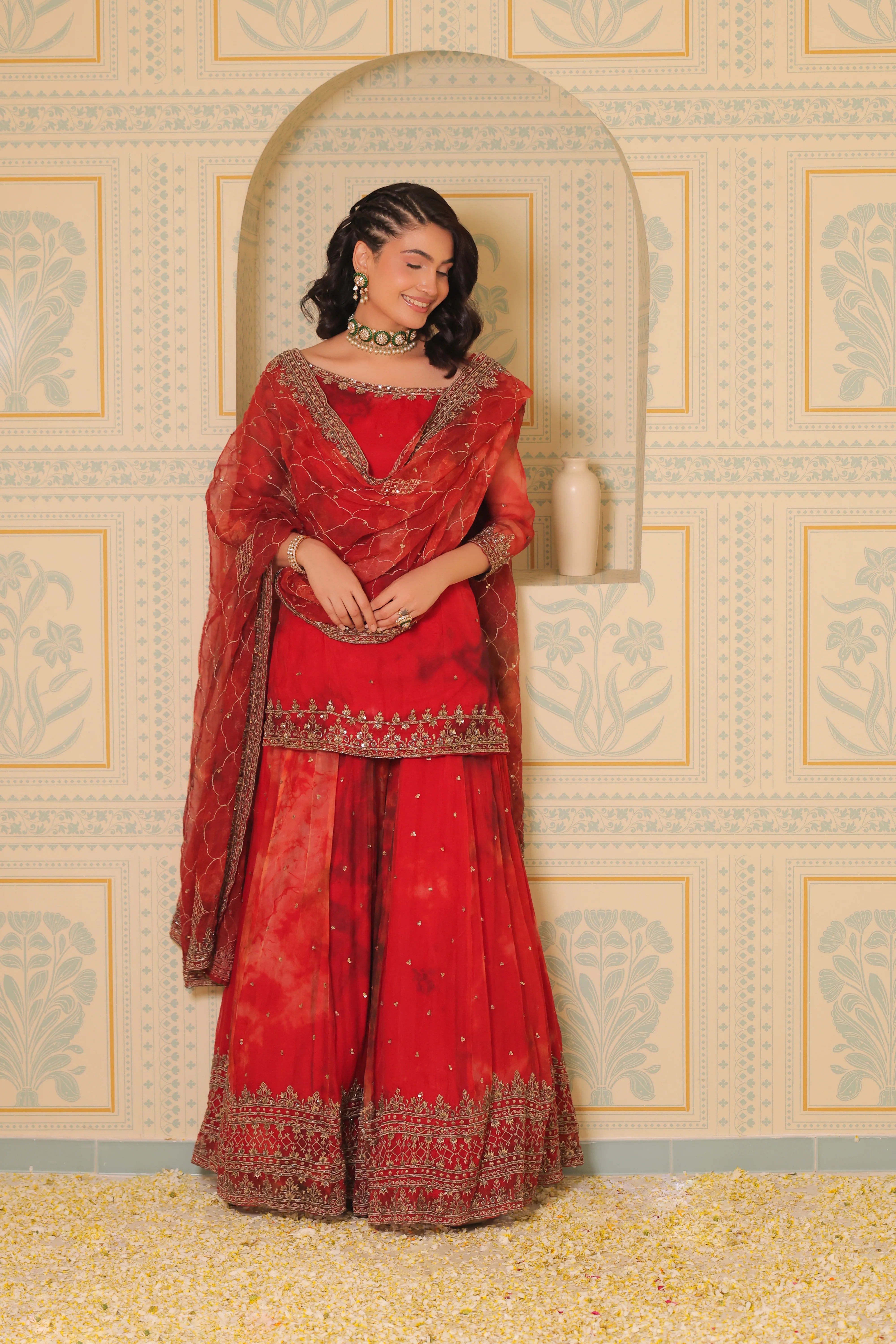 Exclusive Elegant Red Embroidered Sharara Suit with Dupatta