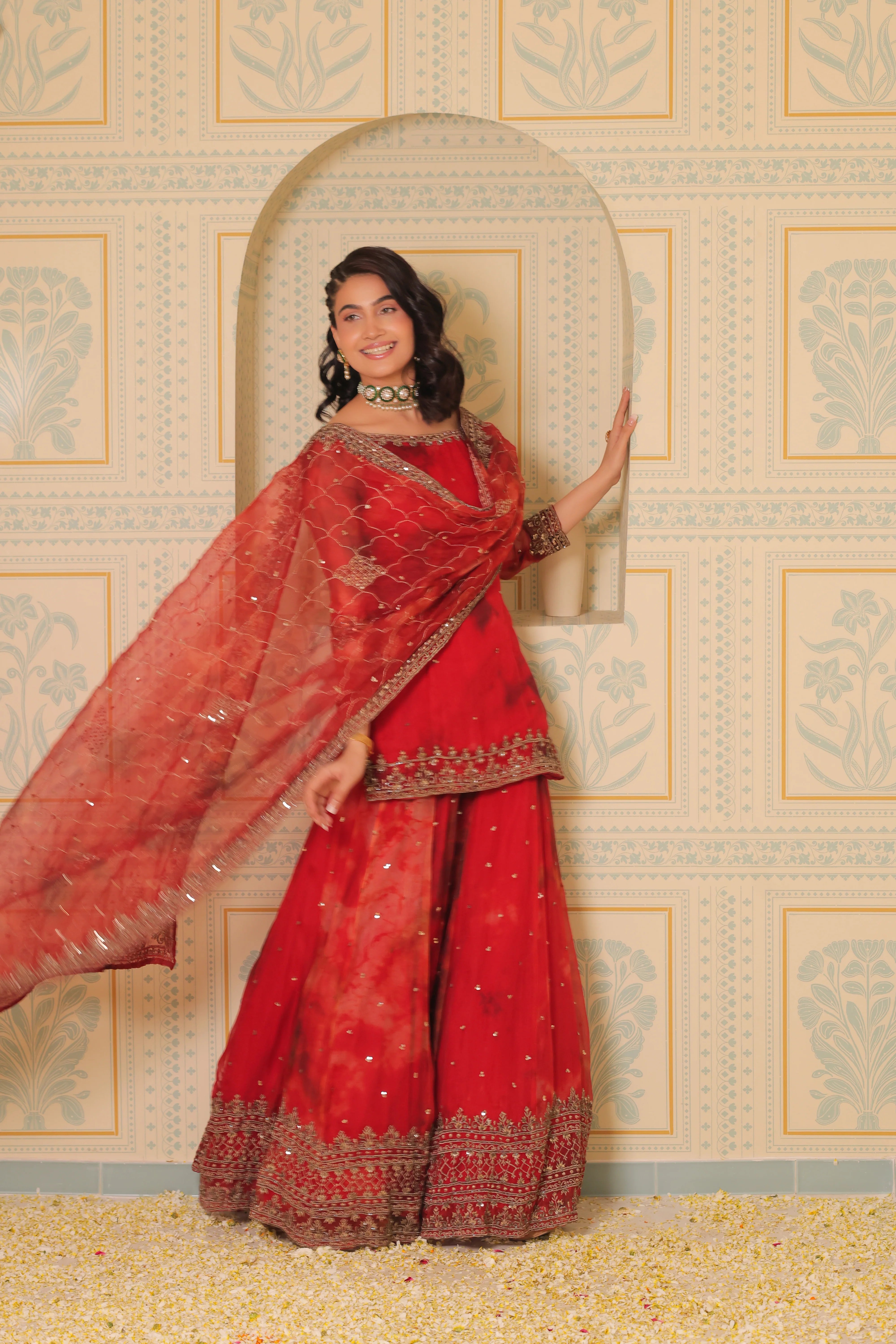 Exclusive Elegant Red Embroidered Sharara Suit with Dupatta