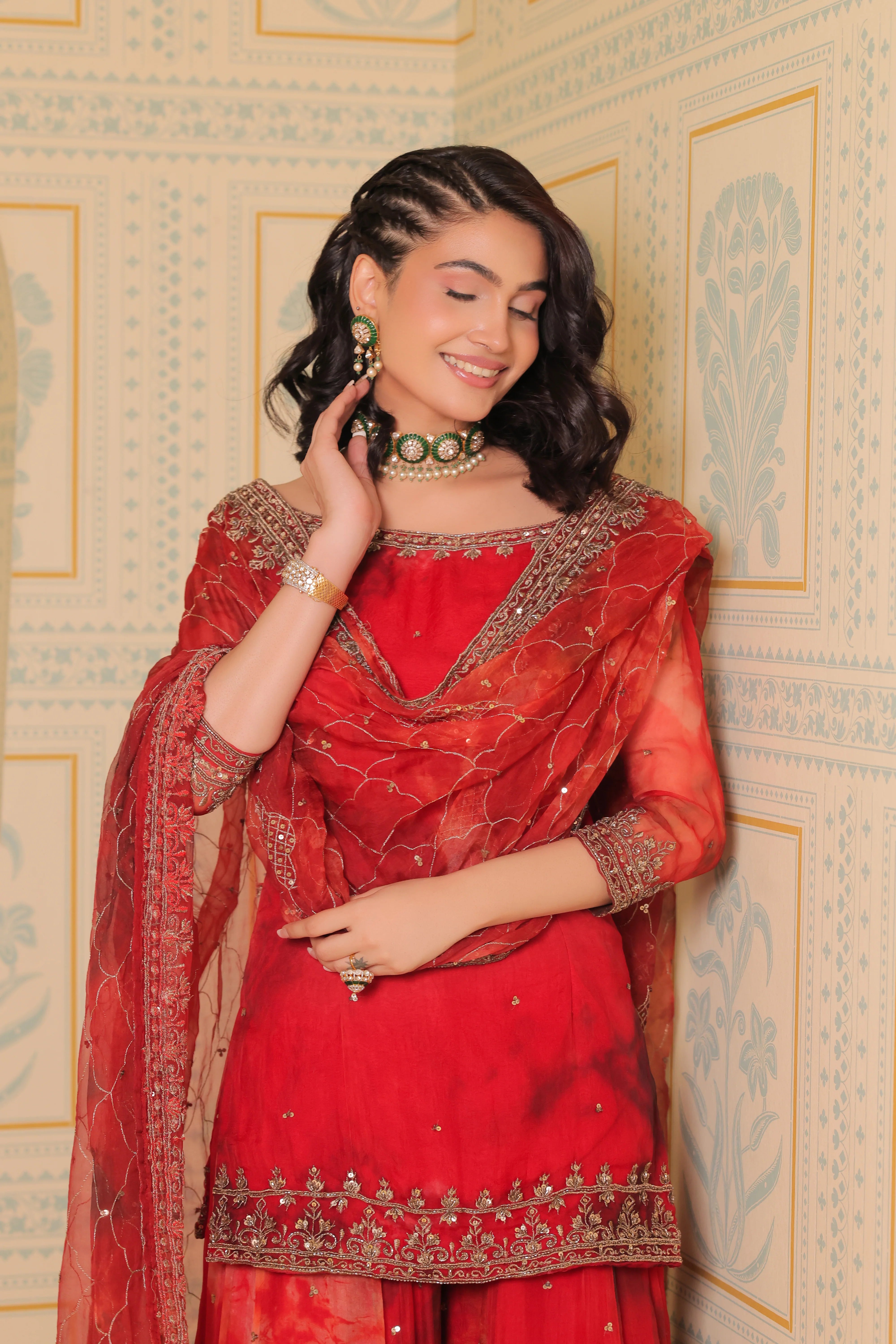 Exclusive Elegant Red Embroidered Sharara Suit with Dupatta